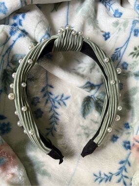 Pearl-Embellished Sage Green Knot Headband